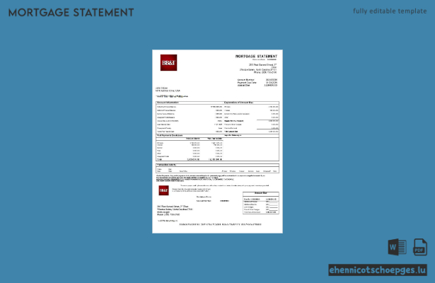 USA North Carolina BBandT Corp. Bankhypothekenabrechnung in Word- und PDF-Formaten – Beispielvorschau